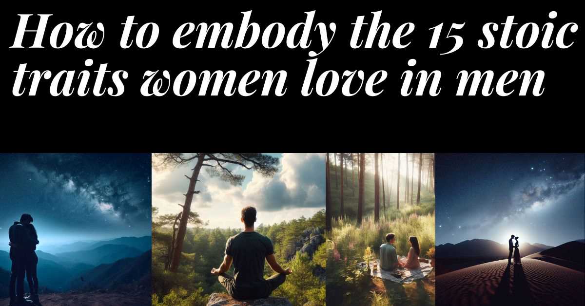 images of men out in nature, 2 at night looking at the galaxy and stars and 2 meditating in the mountains. Text: how to embrace these 15 stoic traits women love in men.