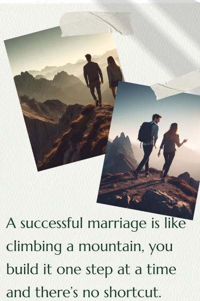 2 images of couples on top of mountains. Text: Building a successful marriage is like climbing a mountain, you build it one step at a time and there's no shortcut.