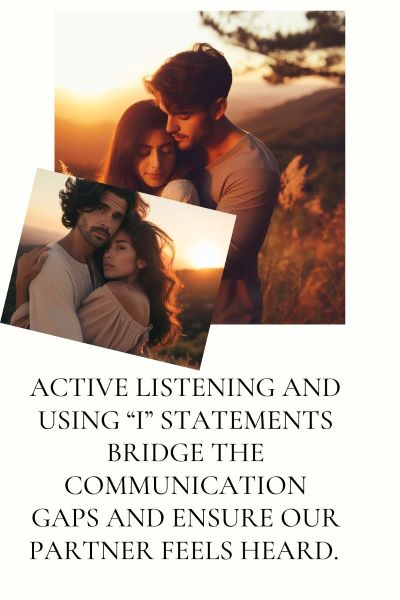 2 images of couples embracing at sunset. Text: Active listening and using "I" statements bridge the communication gaps and ensure our partner feels heard.