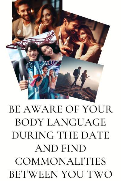 Images of loving couples on dates. Text: Be aware of your body language during the date and find commonalities between you two.