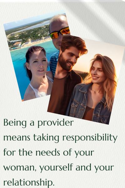 2 images of men that are providers in their relationship and their loving women. Text: Being a provider means taking responsibility for the needs of your woman, yourself and your relationship.