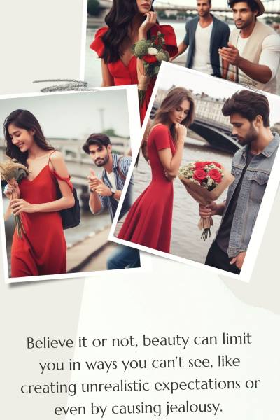 3 images of people getting jealous over a beutiful woman in a red dress. Text: Believe it or not, beauty can limit you in ways you can't see like jealousy.