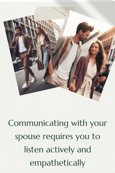 2 images of couples talking respectfully and happily. Text: Communicating with your spouse requires you to listen actively and empathetically.