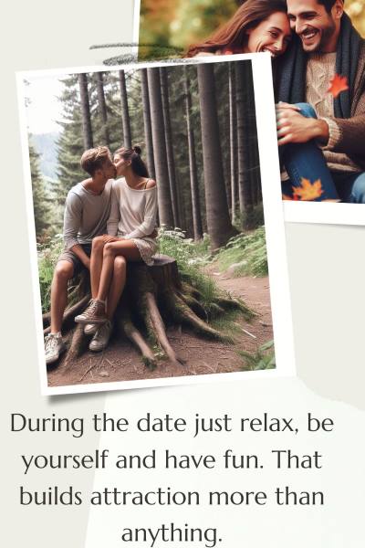 2 images of couples loving their date. Text: During the date just relax and be yourself and have fun. That builds attraction more than anything.