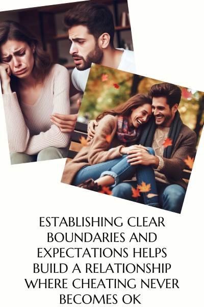 2 images of a couple, 1 is broken from an affair and the other is loving. Text: Establishing clear boundaries and expectations builds a relationship where cheating won't be ok