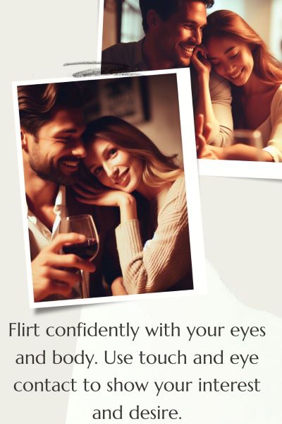 2 images of couples flirting on a date. Text:  Flirt confidently with your eyes and body. Use touch and eye contact to show your interest and desire.