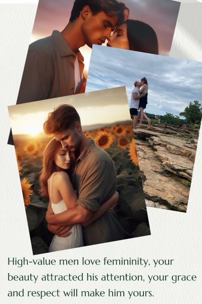 3 images of couples holding each other. Text: High-value men love your femininity. Your beauty attracted his attention, your grace and respect will make him yours.