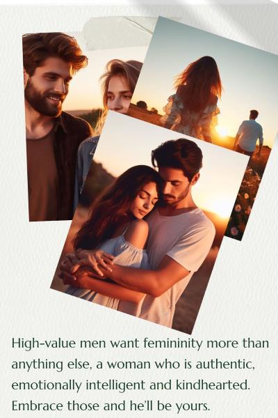 3 images of couples embracing in nature. Text: High-value men want femininity more than anything else, a woman who is authentic, emotionally intelligent and kindhearted.