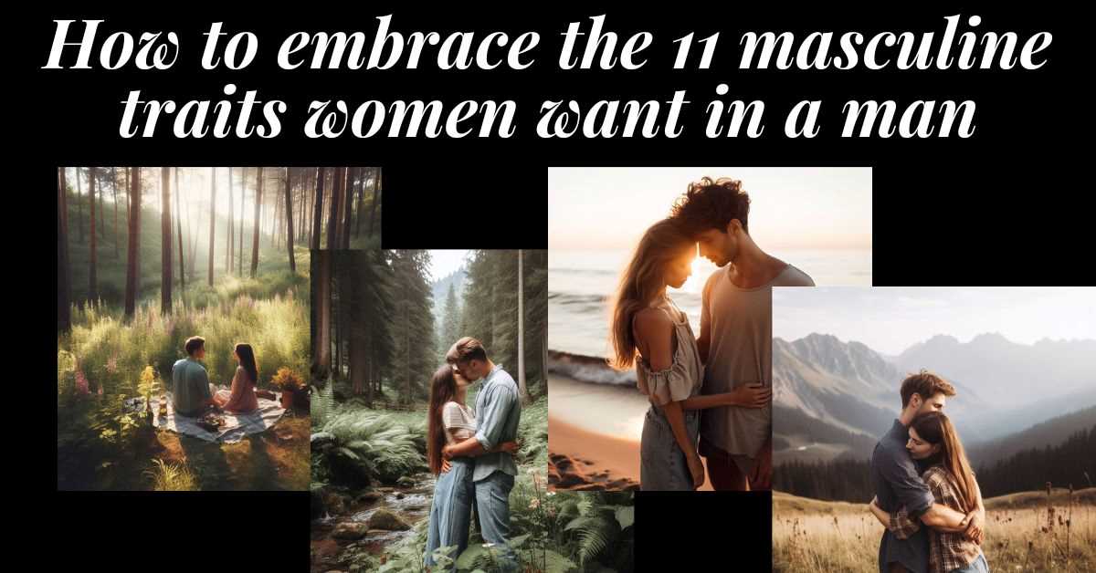 How to embrace the 11 masculine traits women are looking for in men. Images: couples embracing in nature, the forest, a beach and the mountains.