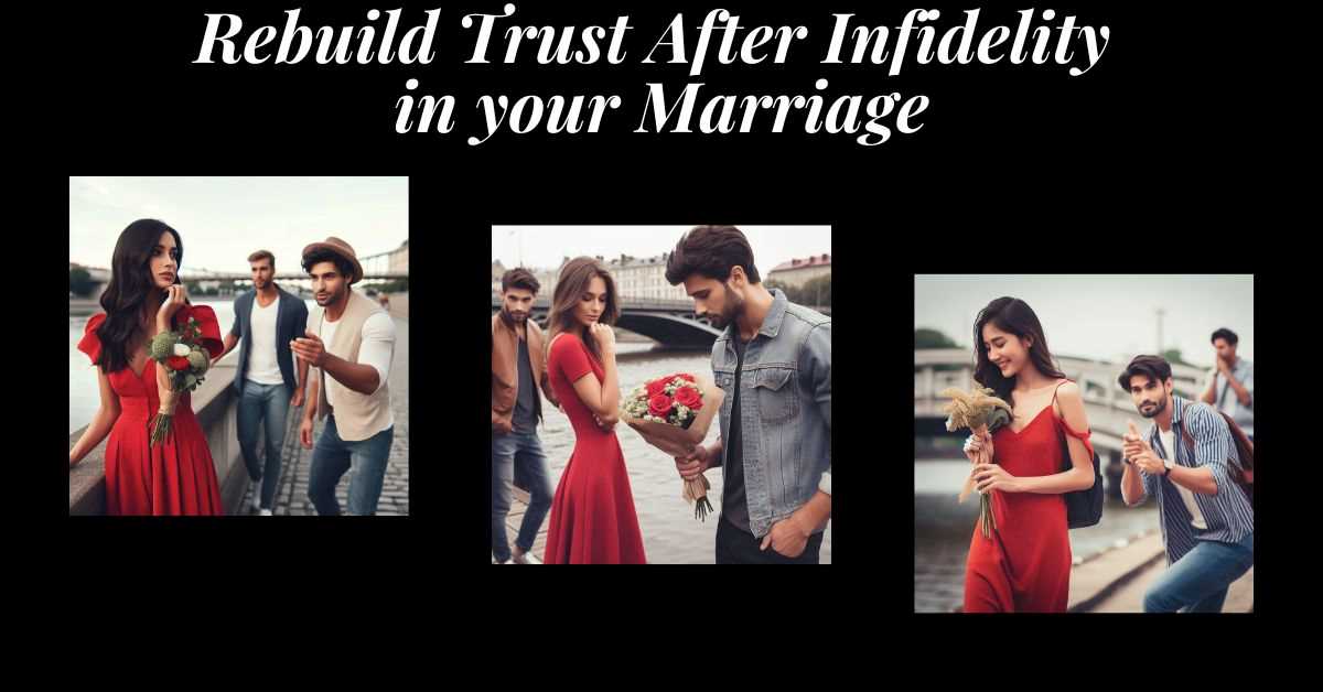 3 images of couples with an affair happening. Text: Rebuild trust after infidelity in your marriage.