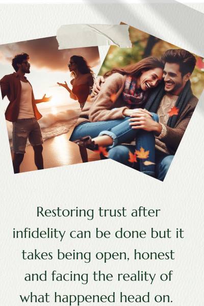 2 images of couples, one fighting and one loving. Text: Restoring trust after infidelity can be done but it takes being open, honest and facing the reality of what happened head on.