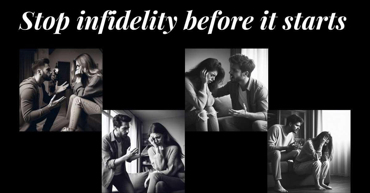 4 images of a couple arguing after infidelity. Text: stop infidelity before it starts.