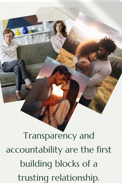images of a couple being separate from lack of accountability and others being accountable and loving. Text: Transparency and accountability are the first building blocks of a trusting relationship.