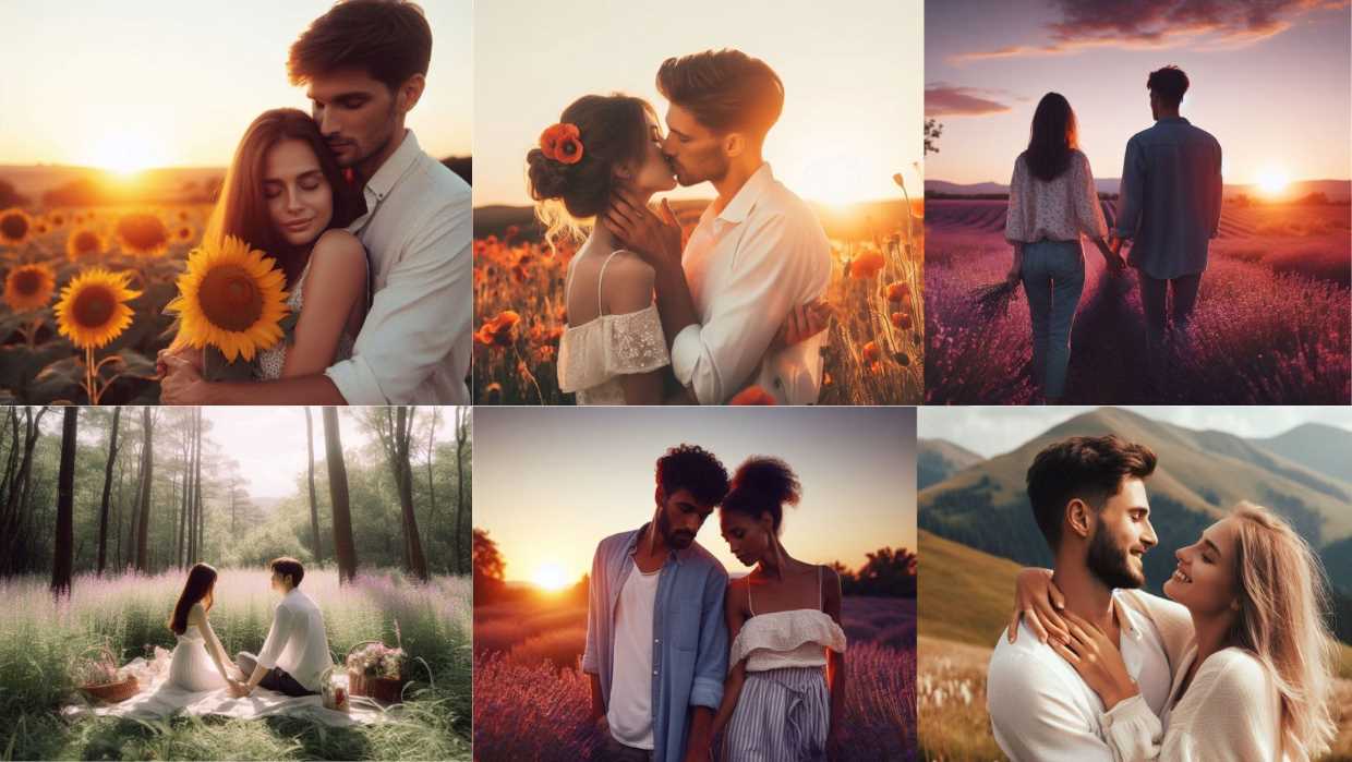 Different couples embracing in nature. Text: turning your relationship into something that lasts a lifetime.