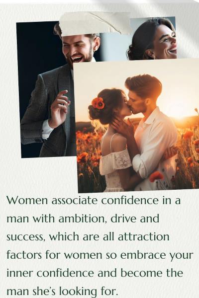 2 images of a man and woman together. Text: Women associate confidence in a man with ambition, drive and success, which are all attraction factors for women so embrace your inner confidence and become the man she's looking for.