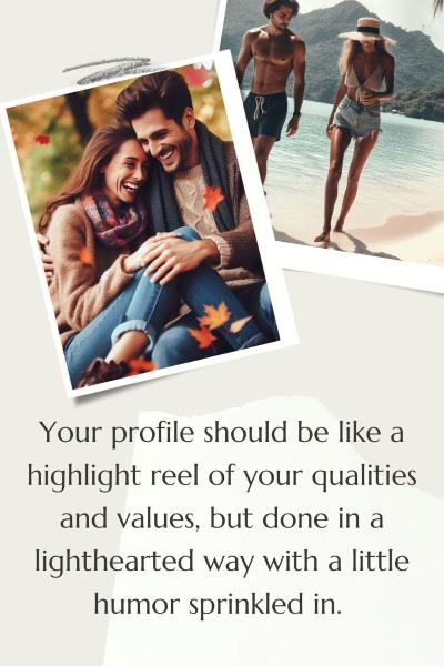 2 images of couples of amazing dates. Text: Your profile should be like a highlight reel of your qualities and values, but done in a lighthearted way with a little humor sprinkled in.