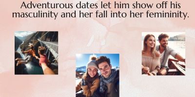 3 images of couples on adventurous dates. Text: Adventurous dates let him show off his masculinity and her fall into her femininity.