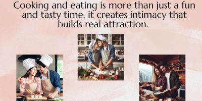 3 images of couples on a cooking date together. Text: Cooking and eating together is more than just a tasty time, it builds intimacy and real attraction.