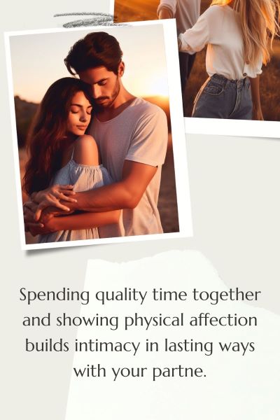 2 images of couples holding each other and spending quality time together. Text: Quality time and showing physical affection build intimacy in lasting ways.