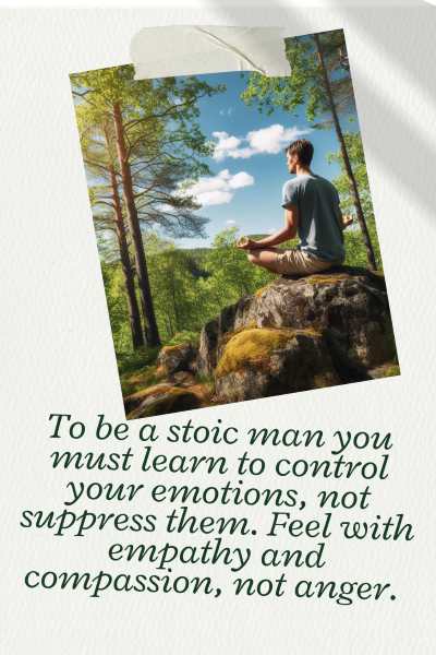 Image of a man meditating on a rock in the mountains. Text: To be a stoic man you must learn to control your emotions, not suppress them. Feel with empathy and compassion not anger.