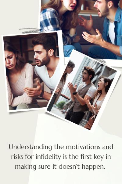 3 images of couples broken from affairs. Text: Understanding the motivations and risks for infidelity is the first key in stopping it before it starts.