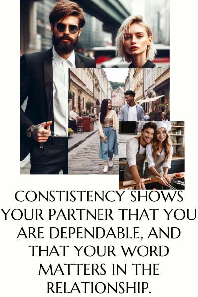 3 images of loving and honest couples. Text: Consistency shows your partner that you are dependable and that your word matter in the relationship.
