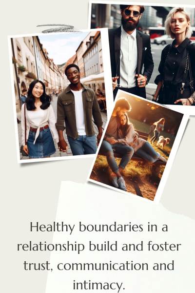 3 images of healthy and happy couples respecting boundaries. Text: Healthy boundaries in a relationship build and foster trust communication and intimacy.